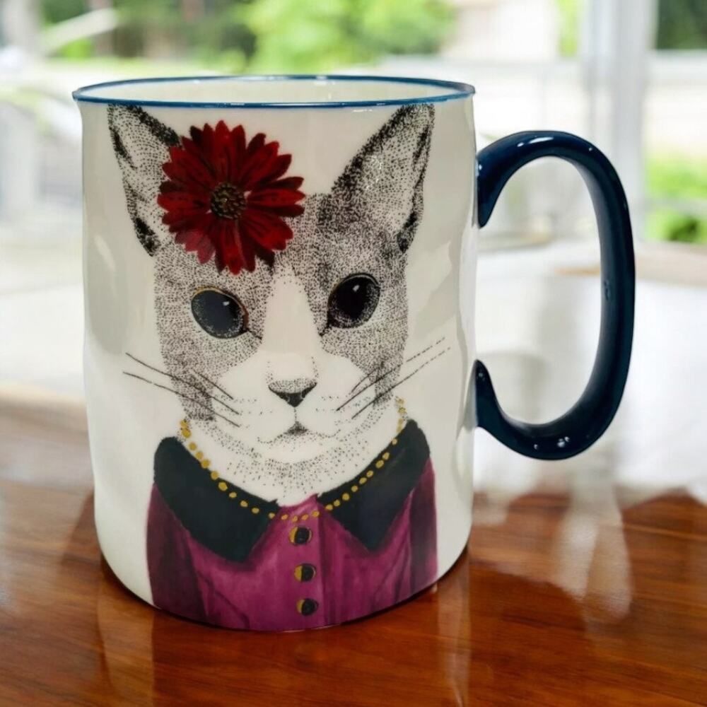 New Ceramic Hipster Girl Cat Kitten Lady with Flower Coffee Tea Mug Cats Gift